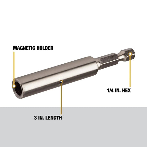 Pro Grade 3 Inch Magnetic Bit Tip Holder Set, 3 Pack, Steel Construction, OEM Replacement Part DW2045B displayed horizontally