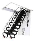 Slick Remote Control Electric Attic Ladder Retractable Pull Down Folding Loft Stair with Telescoping Handrail extended from ceiling.