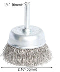 Stainless Steel Wire Cup Brush Kit With 1/4 Inch Shank, crimped wire brush for drill and grinder, 2.16 inch diameter.