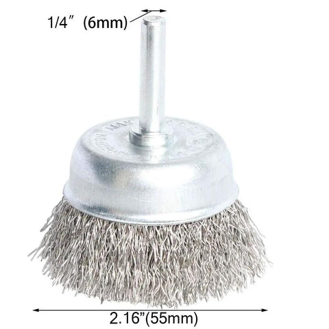 Stainless Steel Wire Cup Brush Kit With 1/4 Inch Shank, crimped wire brush for drill and grinder, 2.16 inch diameter.