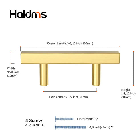 Diagram showing dimensions of 20 Pack Gold Cabinet Handles And Drawer Pulls In Brushed Brass Finish For Kitchen Cupboards And Dressers