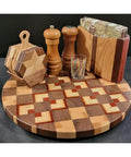 Solid End Grain 12 Inch Wooden Lazy Susan Round Kitchen Centerpiece For Spices Condiments And Everyday Essentials A Dope Rotating Organizer For Dining Table Pantry Cabinets And Home Decor with pepper mills and spice holder.