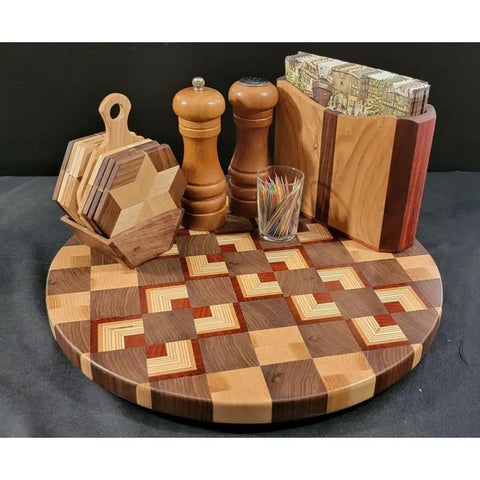 Solid End Grain 12 Inch Wooden Lazy Susan Round Kitchen Centerpiece For Spices Condiments And Everyday Essentials A Dope Rotating Organizer For Dining Table Pantry Cabinets And Home Decor with pepper mills and spice holder.