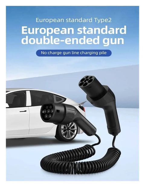 Heavy Duty Type 2 Electric Vehicle Charger Extension Cable With Smart Temp Sensor And Automatic Leakage Cutoff Spring Flex Coil Cord Up To Twenty Two Kilowatts, double-ended plug in front of a white car.