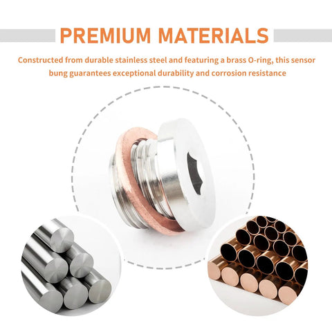 M18x1.5 Exhaust Sensor Bung Plug With Inner Hex Head And Brass O Ring, showing stainless steel design and durable brass O-ring.