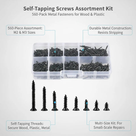 560 Piece Self Tapping Screw Set For Wood Plastic And Thin Sheet Metal Repairs With Storage Case No Pre Drill Needed Wobble Free