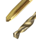 Pro Shop Metric Tap And Drill Kit M2.5 Spiral Point Titanium Taps Paired With 2.1mm Cobalt Twist Bits close-up view.