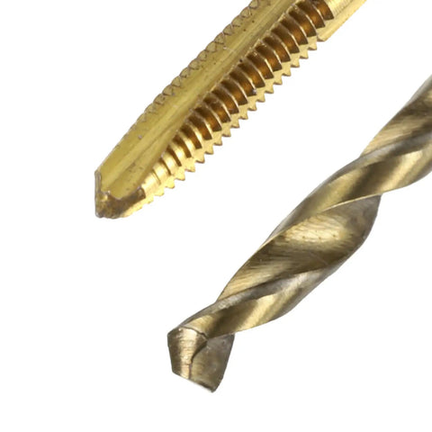 Pro Shop Metric Tap And Drill Kit M2.5 Spiral Point Titanium Taps Paired With 2.1mm Cobalt Twist Bits close-up view.