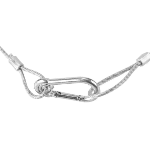 Beefy Heavy Duty 31.5 Inch Stainless Steel Stage Light Safety Cables, 110 Lb Load Capacity, shown with easy clip-on security rope