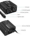 Product image of Road Trip Ready 200W Car Power Inverter 12V To 110V AC with USB-C and cooling fan, matte black design.
