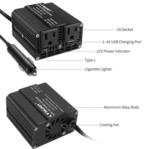 Product image of Road Trip Ready 200W Car Power Inverter 12V To 110V AC with USB-C and cooling fan, matte black design.