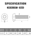 Specification sheet for 22 Pack 3/8 16 X 1/2 In Button Head Socket Cap Bolts with dimensions and details.