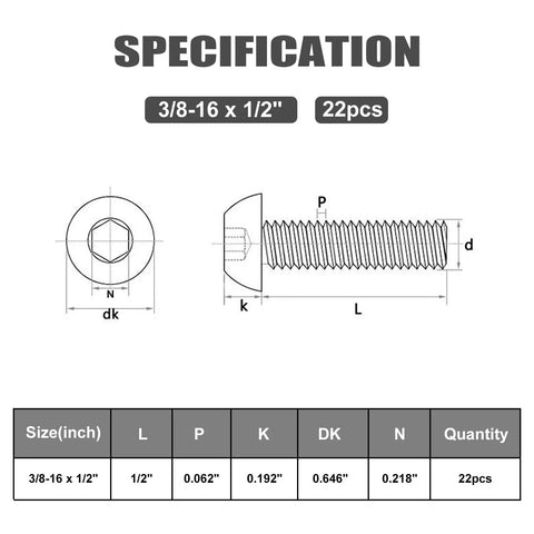 Specification sheet for 22 Pack 3/8 16 X 1/2 In Button Head Socket Cap Bolts with dimensions and details.