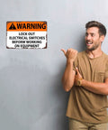 Man pointing at Lockout Electrical Switches Before Working On Equipment Sign Aluminum 8x12 Inch Wall Decor for workshop.