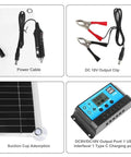 200W 12V Solar Panel Kit With 100A Charge Controller showing power cable, output clips, solar panel corner, and USB port controller.
