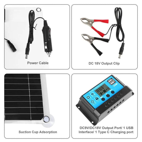 200W 12V Solar Panel Kit With 100A Charge Controller showing power cable, output clips, solar panel corner, and USB port controller.