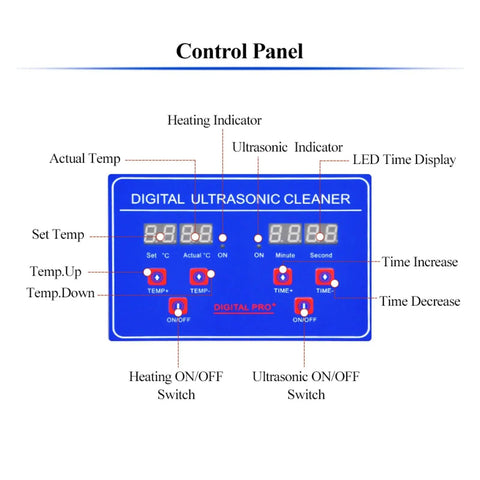 Control panel of Heavy Duty Digital Ultrasonic Cleaner 3.2L Tank With Basket featuring LED displays and control buttons.