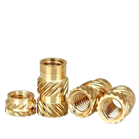 Straight Up Heavy Duty Brass Knurled Nuts 30 Piece Pack M2.5 Thread 3.5mm By 7.5mm showing various angles of brass fasteners.