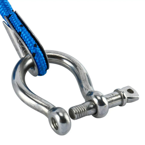 Amarine Made 3/16 Inch By 100 Ft Premium Braided Polypropylene Boat Anchor Rope with stainless steel thimble and shackle detail.