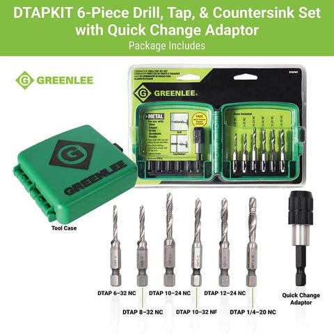Greenlee DTAPKIT drill/tap kit for metal with quick-change adapter in green case (6-32 to 1/4-20)