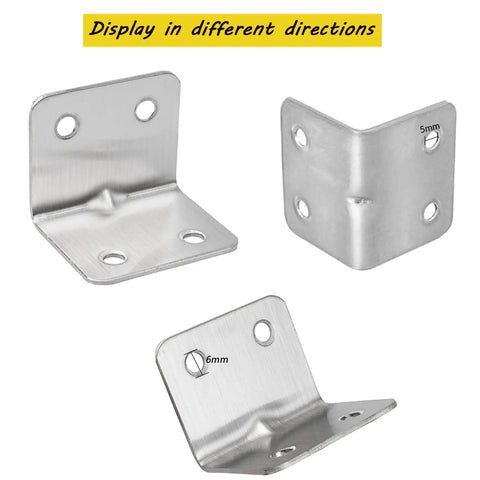 Display of 24 Pack Wood Corner Brackets 90 Degree L Shaped Stainless Steel With Screws, shown in different directions.