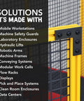 List of solutions made with extrusion systems, featuring mobile workstations and machine frames, beside a metal and plastic framework.