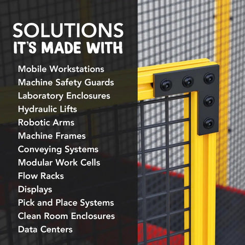 List of solutions made with extrusion systems, featuring mobile workstations and machine frames, beside a metal and plastic framework.