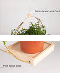 Golden Macrame Hanging Planter For Indoor Outdoor Plants With Wood Stand showing details of pine base and macrame cord