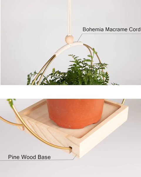 Golden Macrame Hanging Planter For Indoor Outdoor Plants With Wood Stand showing details of pine base and macrame cord