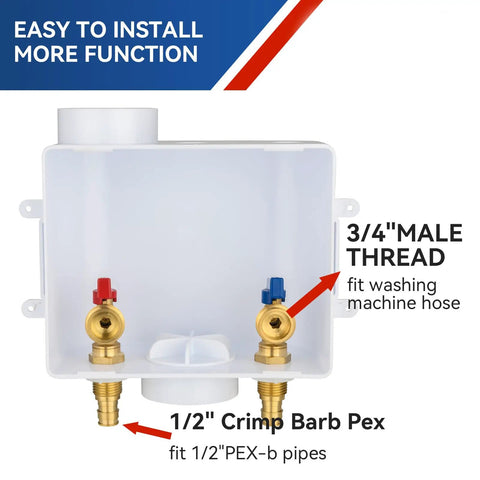 Heavy Duty Washing Machine Outlet Box With One Half Inch PEX Crimp Inlet And Three Quarter Inch MHT Outlet Center Drain UPC Certified