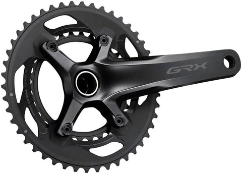 Close-up of Gravel Ready 11 Speed Crankset With 46 And 30 Tooth Chainrings 110 80 BCD Hollowtech II Spindle Aluminum Arm Black Finish 170mm