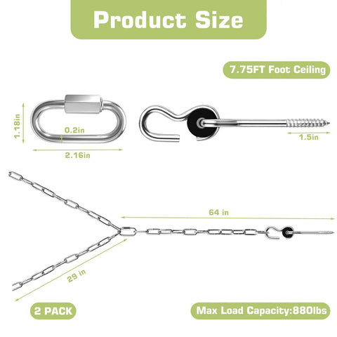 7.75 Foot Heavy Duty Porch Swing Chain Kit With 304 Stainless Steel Construction And Zinc Plated Hanging Set for swings.