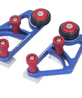 High Grade Woodworking Bearing Roller Feeder Pair Aluminum Alloy Table Saw Feeding Guide with red and blue components.