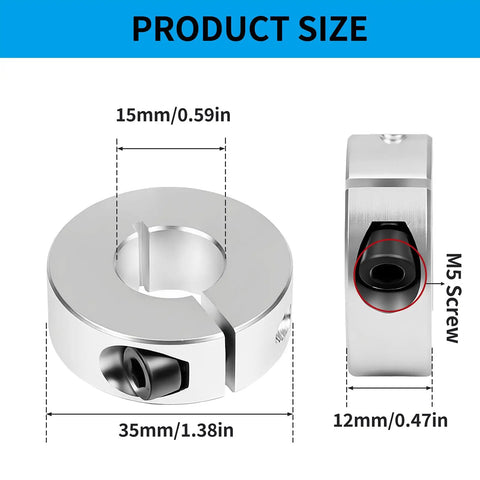 Product size diagram of Split Shaft Collar Set Of 4 Aluminum One Piece Locking Collars 15Mm Bore 35Mm OD 12Mm Thick With M5 Set Screws.