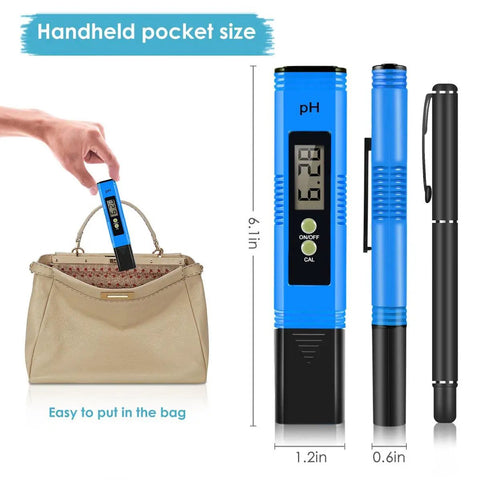 Person placing pocket-sized Super Accurate PH Meter 0.01 Digital PH Tester into a handbag with size comparison label.