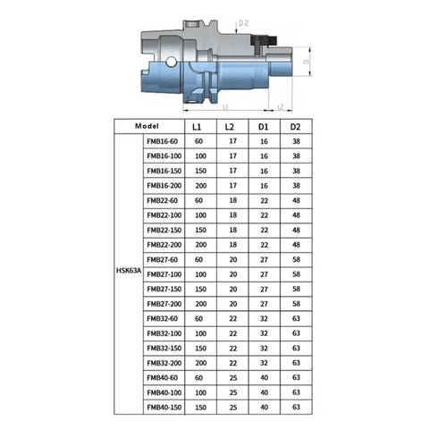 Built Tough HSK63A CNC Collet Holder Forged From Premium Stainless Steel Offering Rock Solid Grip And Sweet Vibration Damping For Effortless Shop Floor Milling Tasks, with detailed model specifications.