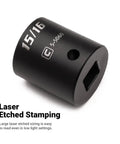 One And One Eighth Inch Shallow Impact Socket For Half Inch Drive, Six Point SAE High Torque Power Tool Socket, Chrome Molybdenum Steel, Heat Treated, Manganese Phosphate Coated For Heavy Duty Durability, laser etched stamping visible.