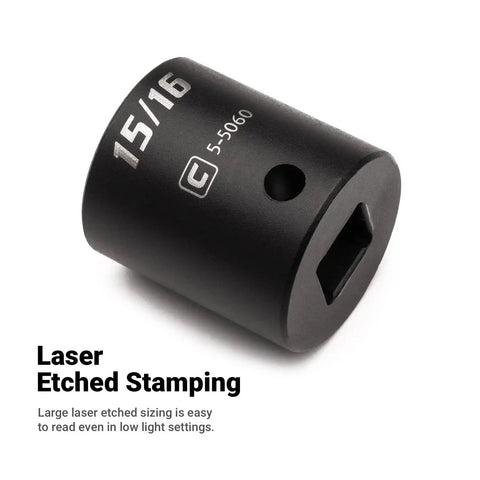 One And One Eighth Inch Shallow Impact Socket For Half Inch Drive, Six Point SAE High Torque Power Tool Socket, Chrome Molybdenum Steel, Heat Treated, Manganese Phosphate Coated For Heavy Duty Durability, laser etched stamping visible.