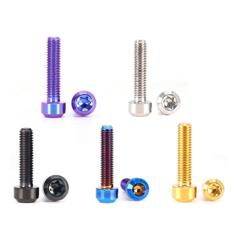 Aviation Grade Titanium Cone Head Screws Torx Anti Theft 4 Pack M4 M5 M6 M8 Burnt Blue CNC Machined shown in five colors