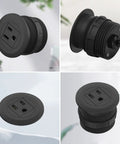 2 Inch Flush Mount Desk Power Grommet With Built In US Outlet And 3.28 Ft Heavy Duty Cord, No Sweat Desktop Power Hub, showing black finish from different angles.