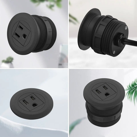 2 Inch Flush Mount Desk Power Grommet With Built In US Outlet And 3.28 Ft Heavy Duty Cord, No Sweat Desktop Power Hub, showing black finish from different angles.