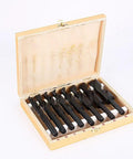 Rock Solid 8 Piece HSS Drill Bit Set 13 To 25 Millimeters High Speed Steel Reduced Shank Design in wooden case open showing bits.