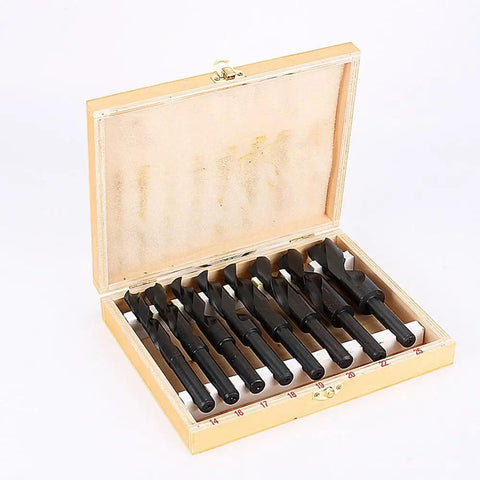 Rock Solid 8 Piece HSS Drill Bit Set 13 To 25 Millimeters High Speed Steel Reduced Shank Design in wooden case open showing bits.