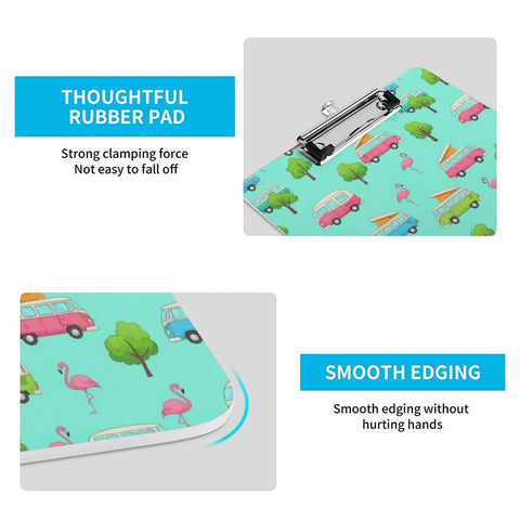 Happy Camping Themed Acrylic Clipboard For Office And Outdoors, Thick Durable Writing Surface, Fits A4 And US Letter Papers, Clear See Through Finish, Ideal For Note Taking, Sketching, And On The Go; clip and edge detail