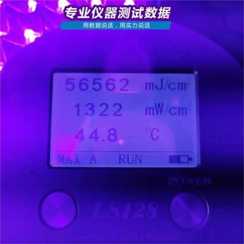 Measurement display of Pro 365Nm 395Nm 405Nm UV Curing Lamp showing mJ/cm, mW/cm, and temperature data.