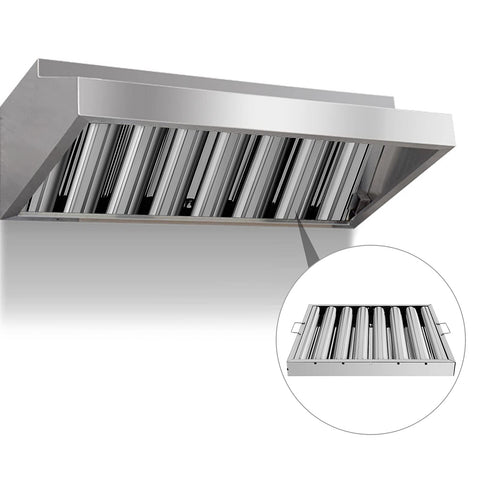 Six Pack 19.5 By 19.5 Inch 430 Stainless Steel Hood Filters With 7 Grooves And Dual Side Handles in commercial kitchen setup