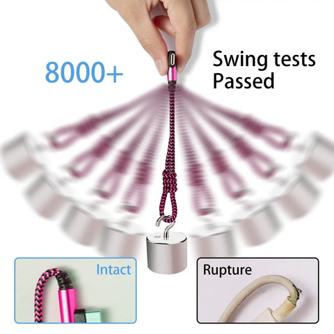 USB C Angled Cable 90 Degree 6ft 4 Pack Nylon Braided Charger Cord for Galaxy S10 S10e S9 Note 10 With Fast Charge Data Sync Durable Nylon Braided Build Tangle Free Flexible Right Angle USB C Cable in Blue Black Magenta Purple swinging test with weight attached