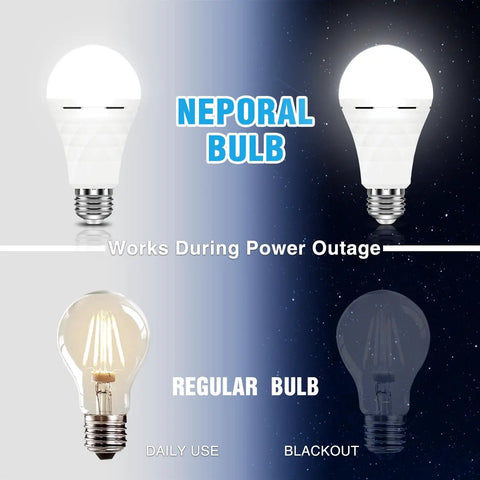 Comparison of Neporal Rechargeable A19 LED Emergency Light Bulbs With 1200mAh Battery Backup and regular bulb during power outage.