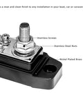 Close-up of Rugged Bus Bar Power Distribution Block with 5/16 inch stud and nylon nuts showing stainless steel nuts and screws.