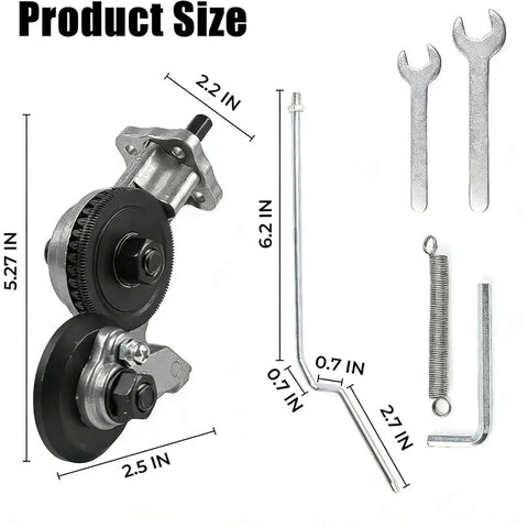Titanium Drill Nibbler Sheet Metal Cutter Attachment For Drills, key components, dimensions labeled, spanners and spring included